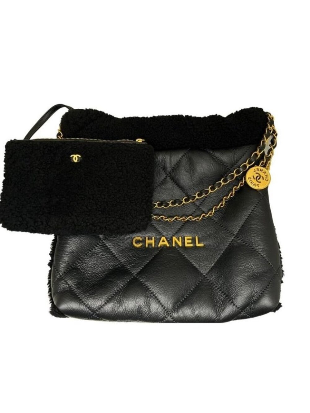 Chanel 22 Small Handbag Chain Bag Shearling Aged Lambskin Black Gold Hardware